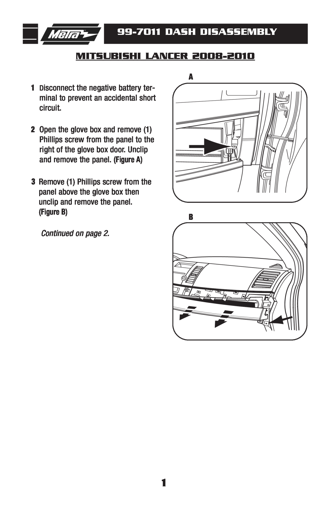 Metra Electronics installation instructions 99-7011DASH DISASSEMBLY, Mitsubishi Lancer, Figure B B, Continued on page 