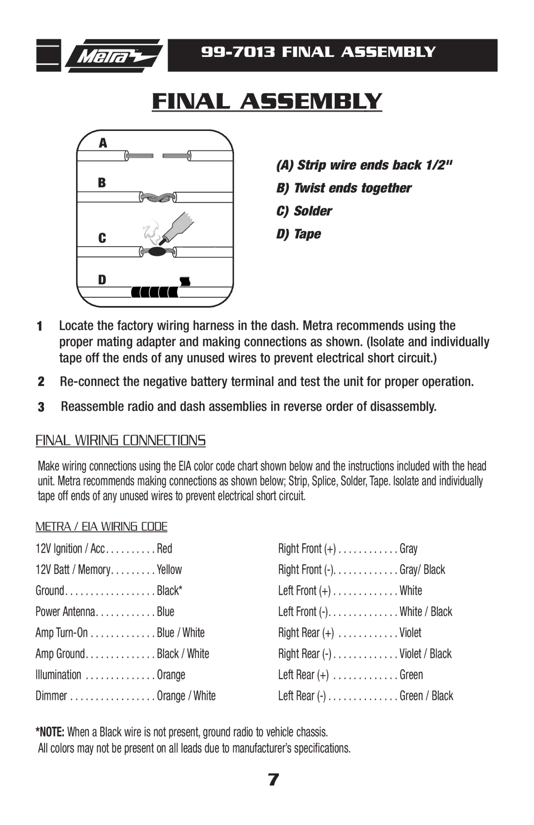 Metra Electronics 99-7013 installation instructions Final Assembly 