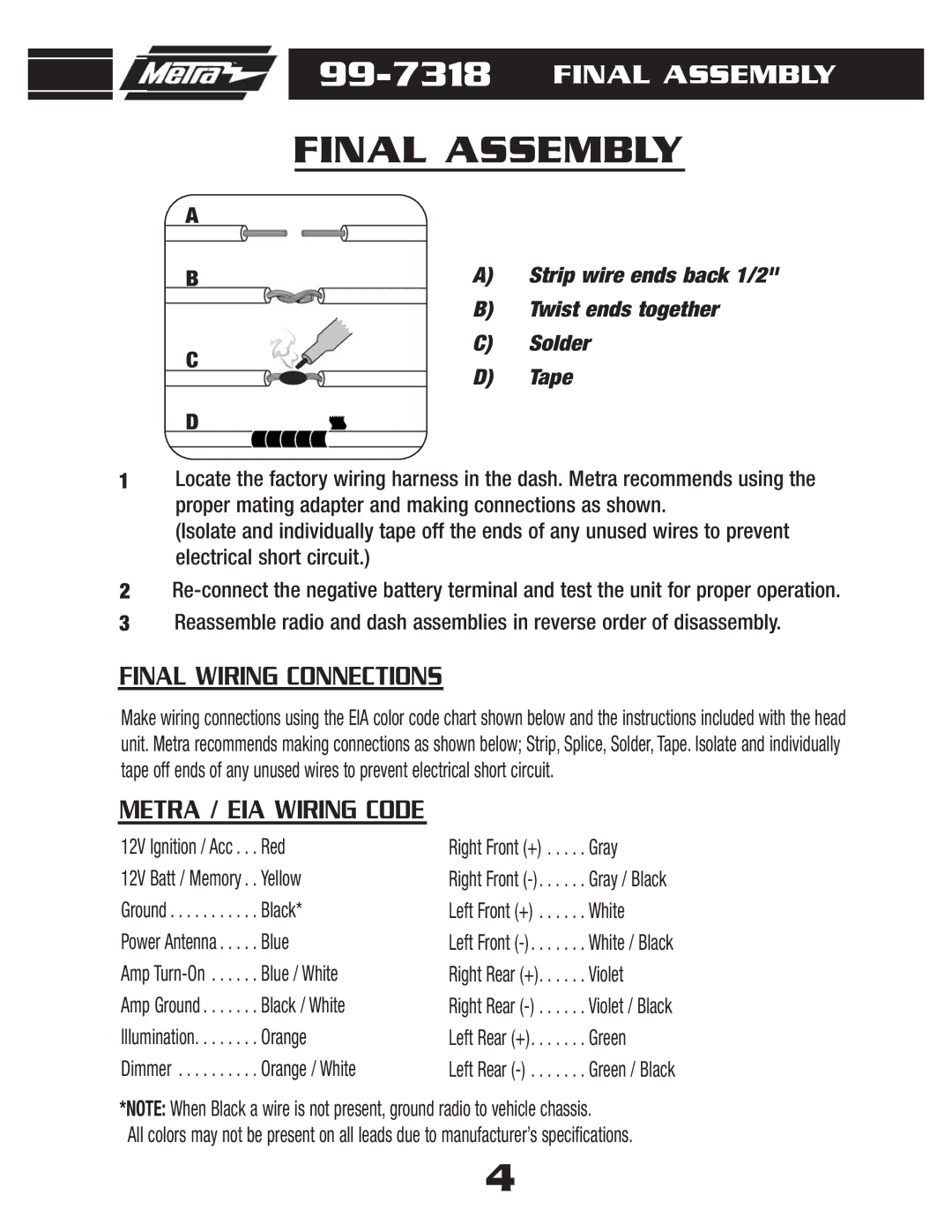 Metra Electronics 99-7318 installation instructions Final Assembly, Tape 