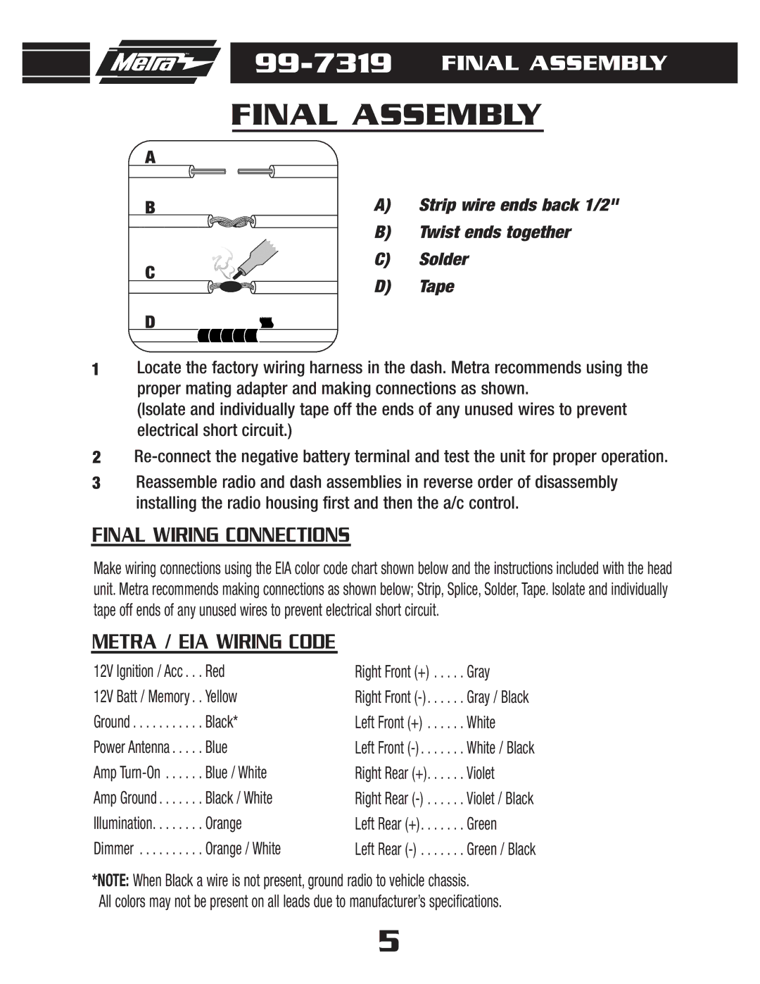 Metra Electronics 99-7319 installation instructions Final Assembly, Tape 