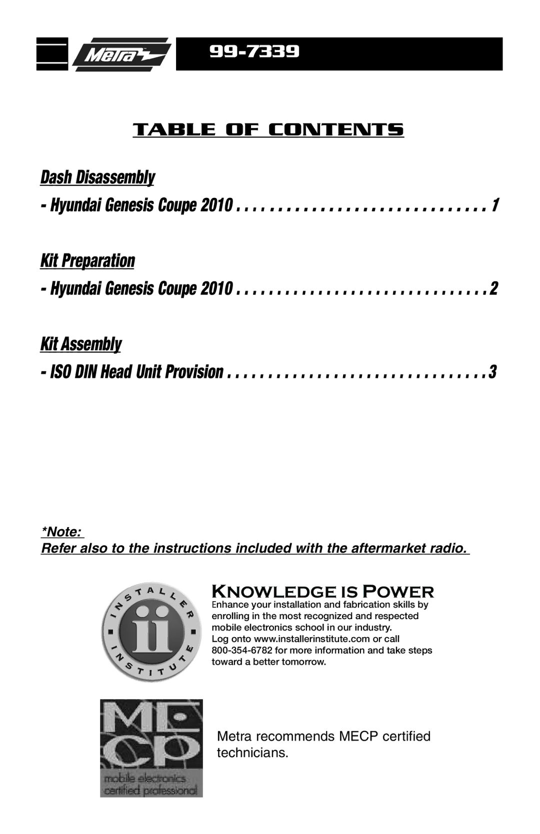 Metra Electronics 99-7339B, 99-7339S installation instructions Table of Contents, Kit Assembly 