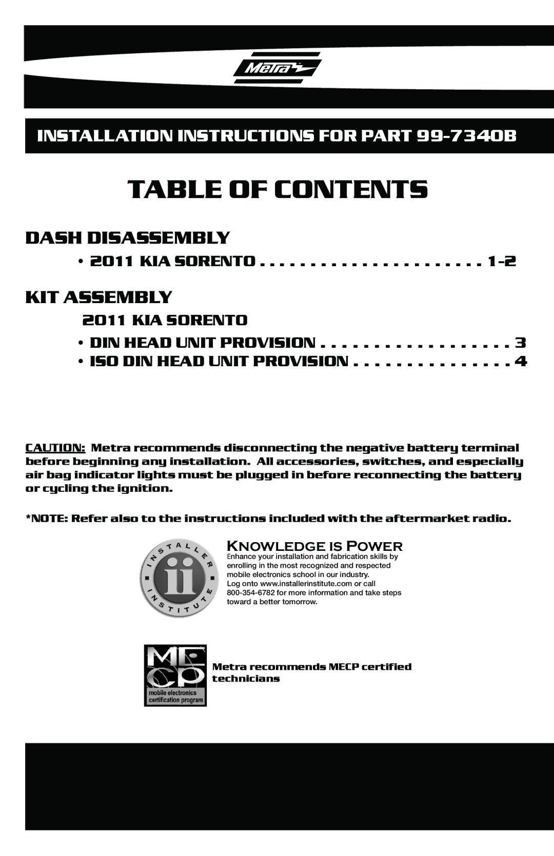 Metra Electronics 99-7340B installation instructions Table of Contents 