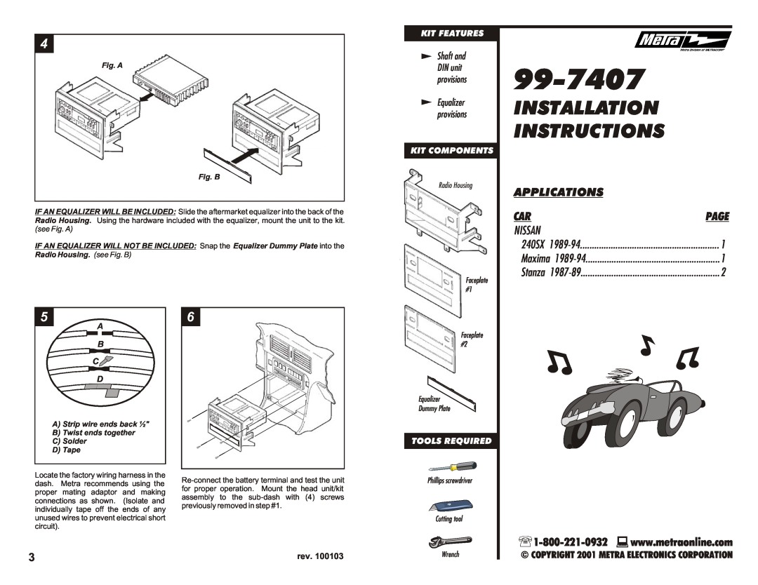 Metra Electronics 99-7407 installation instructions Fig. A Fig. B, Installation Instructions, Applications, Nissan, Page 