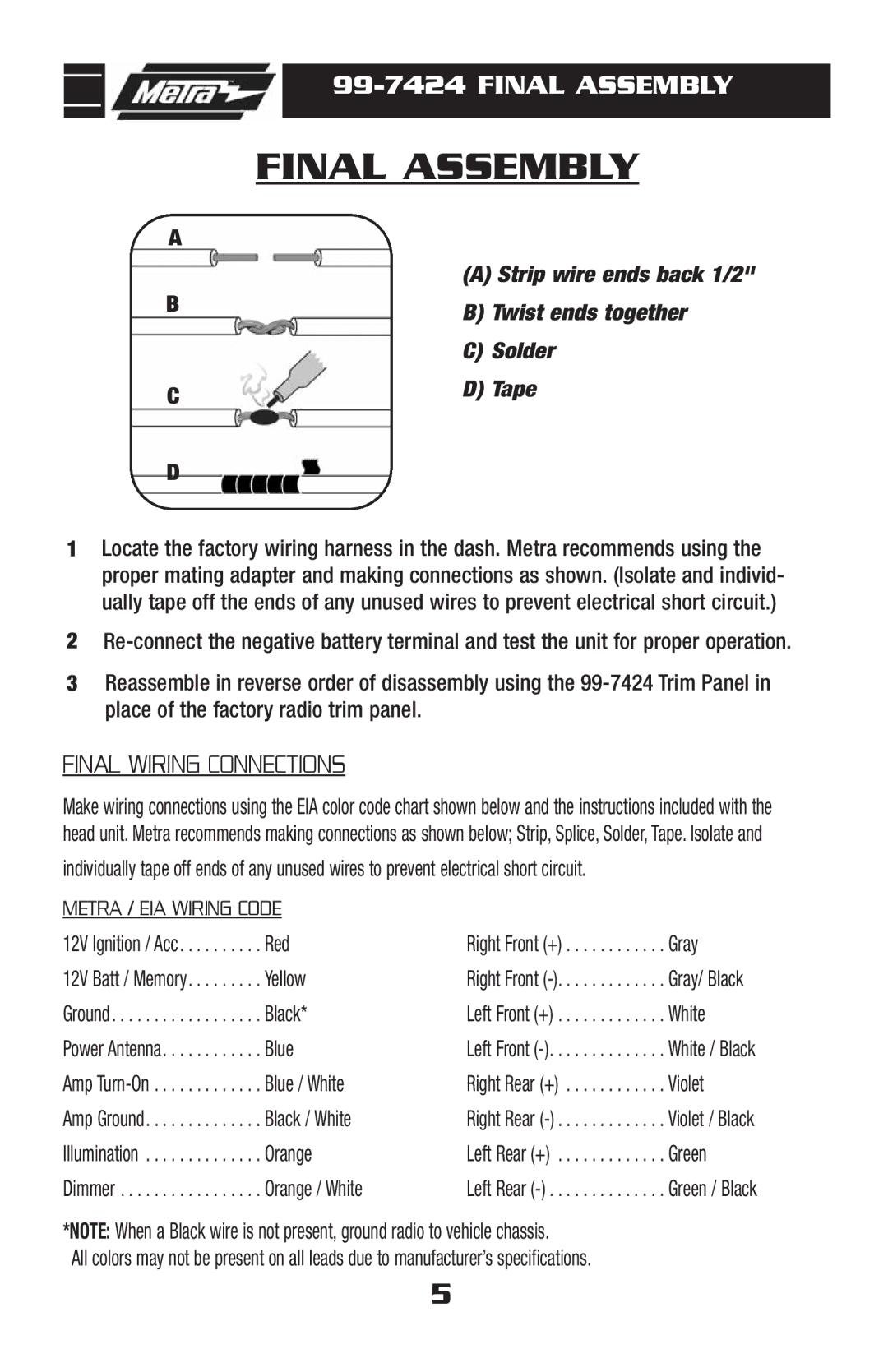 Metra Electronics 99-7424 installation instructions Final Assembly, Metra / EIA Wiring Code 