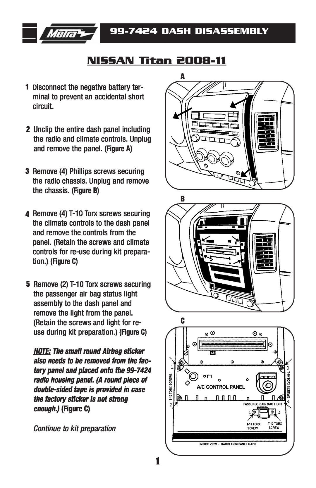 Metra Electronics 99-7424 installation instructions NISSAN Titan, Dash Disassembly, Continue to kit preparation 