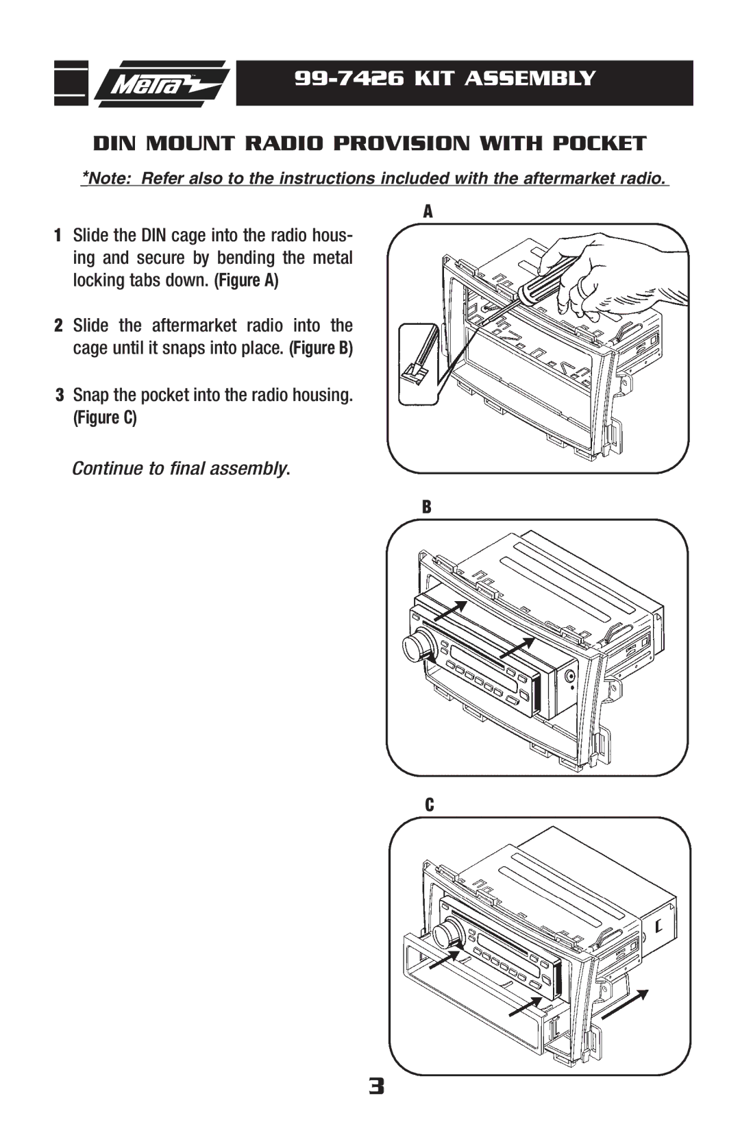 Metra Electronics 99-7426 installation instructions KIT Assembly, DIN Mount Radio Provision with Pocket 