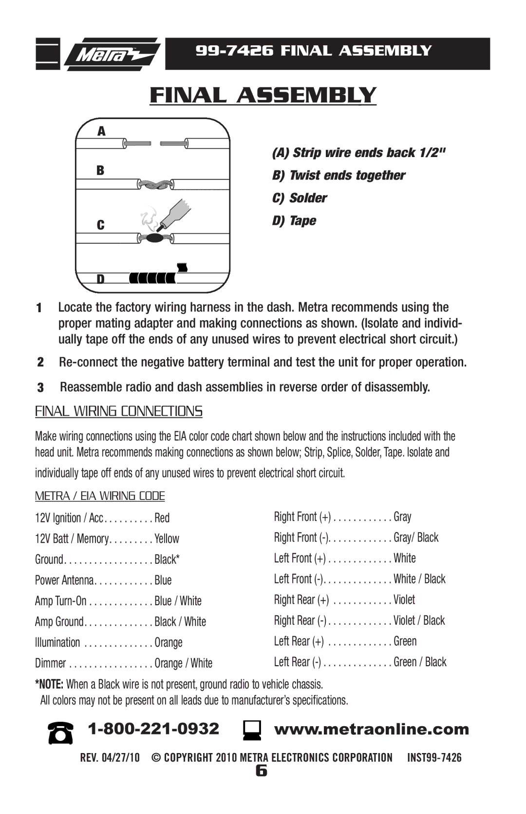 Metra Electronics 99-7426 installation instructions Final Assembly 