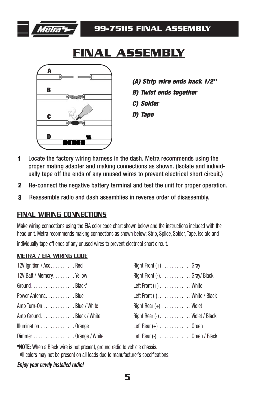 Metra Electronics 99-7511S installation instructions Final Assembly, Final Wiring Connections 