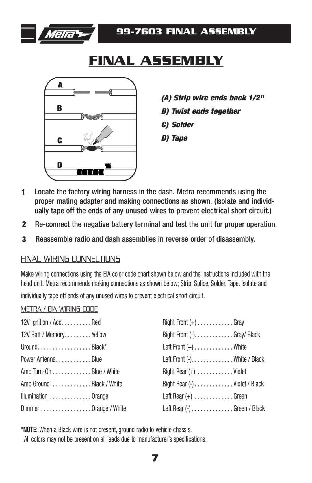 Metra Electronics 99-7603 installation instructions Final Assembly 