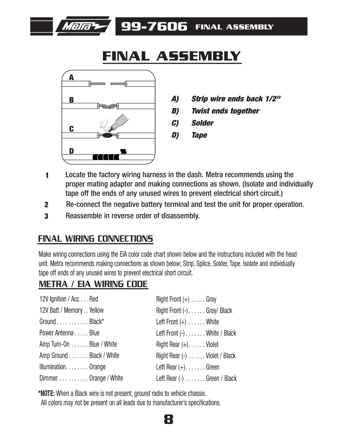 Metra Electronics 99-7606 installation instructions Final Assembly 