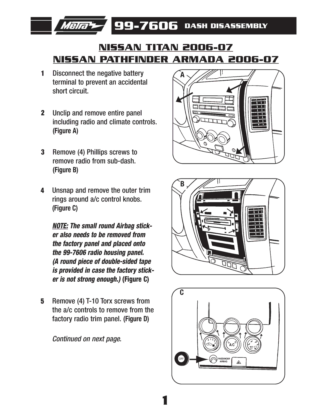 Metra Electronics 99-7606 installation instructions Nissan Titan Nissan Pathfinder Armada, Figure a 