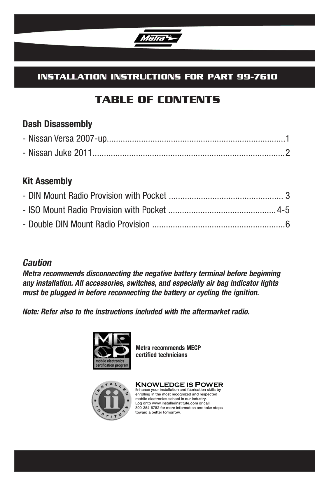 Metra Electronics 99-7610B, 99-7610HG installation instructions Table of Contents 