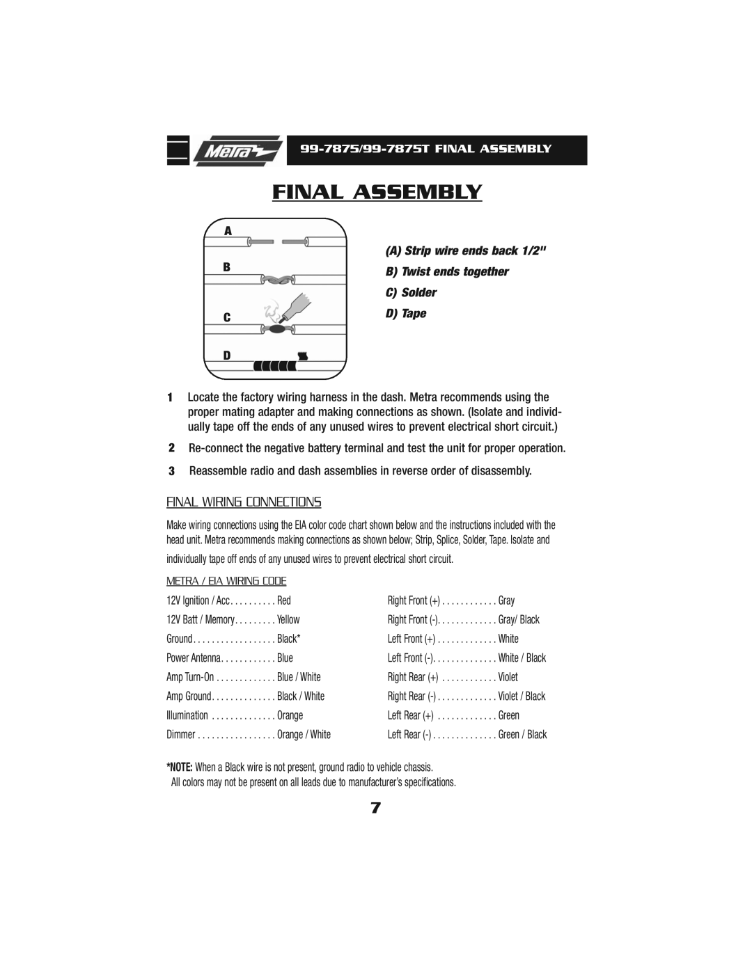 Metra Electronics 99-7875T installation instructions Final Assembly 