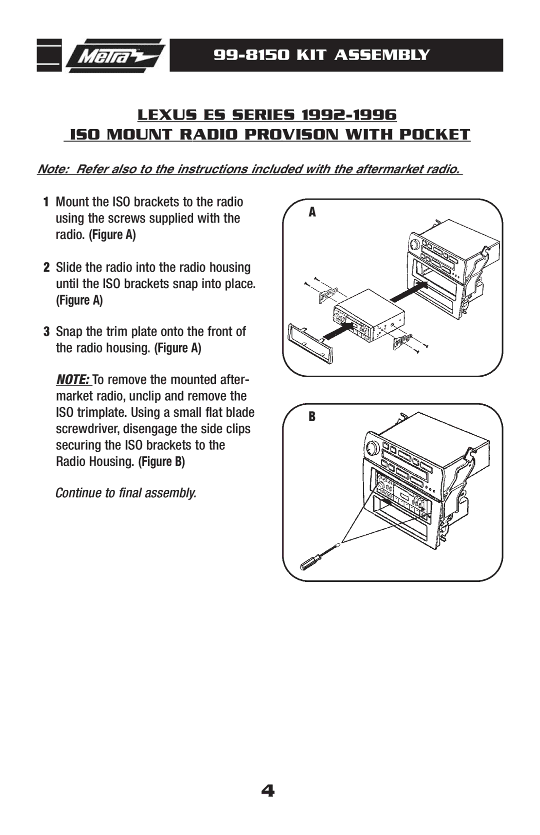 Metra Electronics 99-8150 installation instructions Lexus ES Series ISO Mount Radio Provison with Pocket 