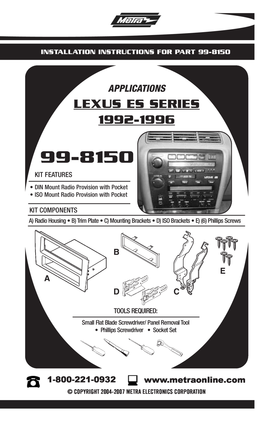 Metra Electronics 99-8150 installation instructions Lexus Es Series, Applications, Installation Instructions For Part 