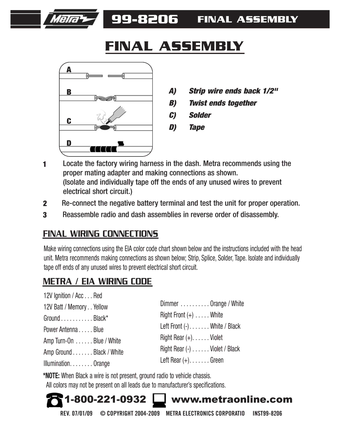 Metra Electronics 99-8206 installation instructions Final Assembly, Tape 