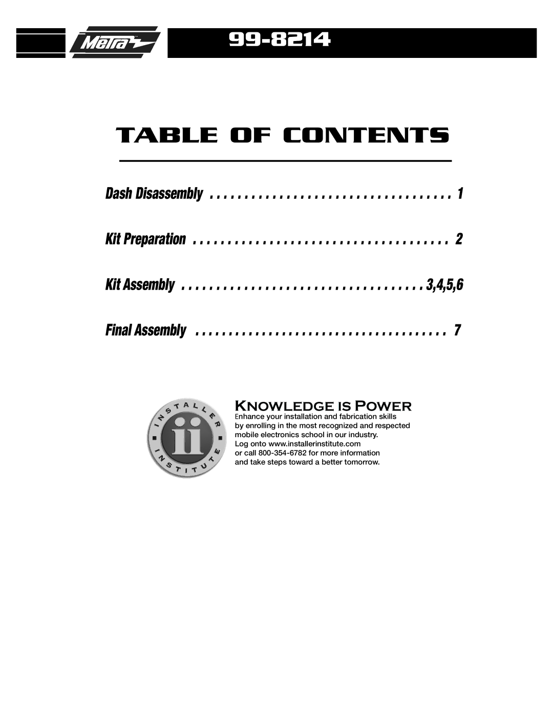 Metra Electronics 99-8214TG, 99-8214TB installation instructions Table of Contents 