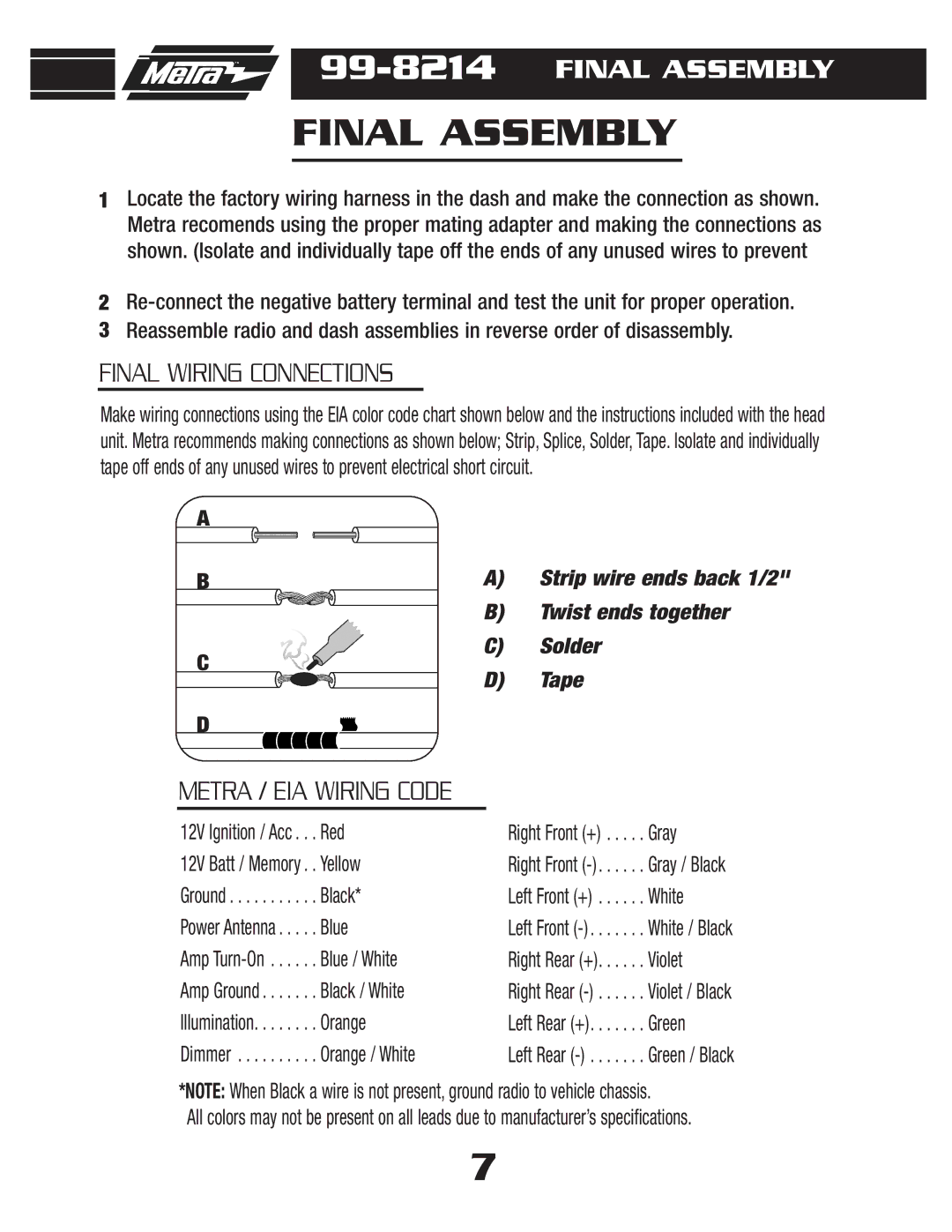 Metra Electronics 99-8214TB, 99-8214TG installation instructions Final Assembly 