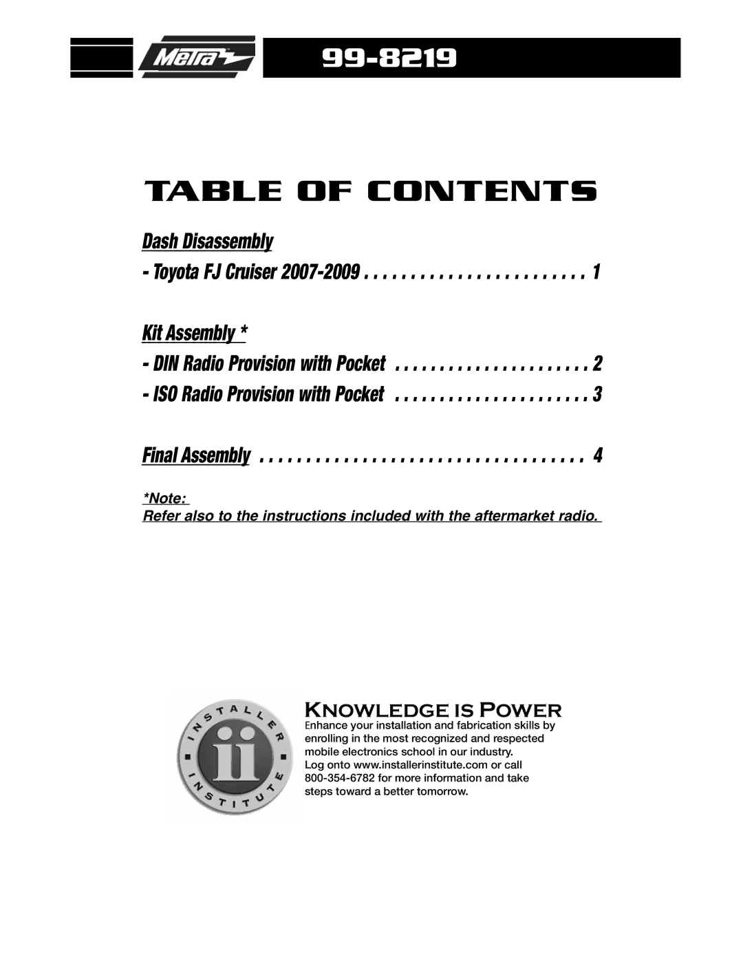 Metra Electronics 99-8219 installation instructions Table of Contents 