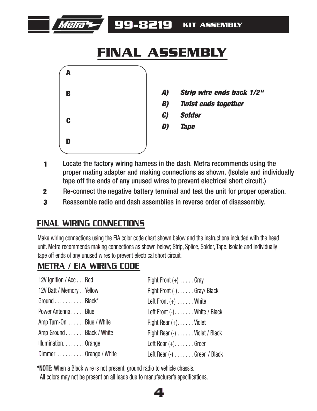 Metra Electronics 99-8219 installation instructions Final Assembly, Tape 