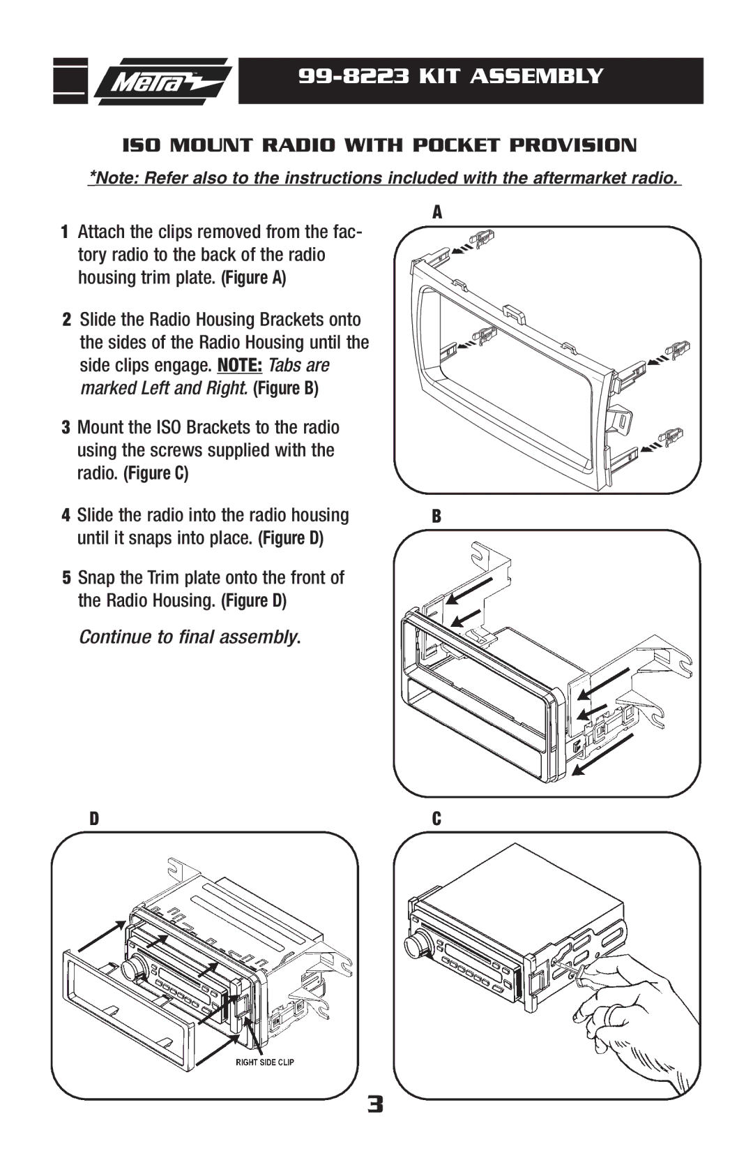 Metra Electronics 99-8223S installation instructions ISO Mount Radio with Pocket Provision 