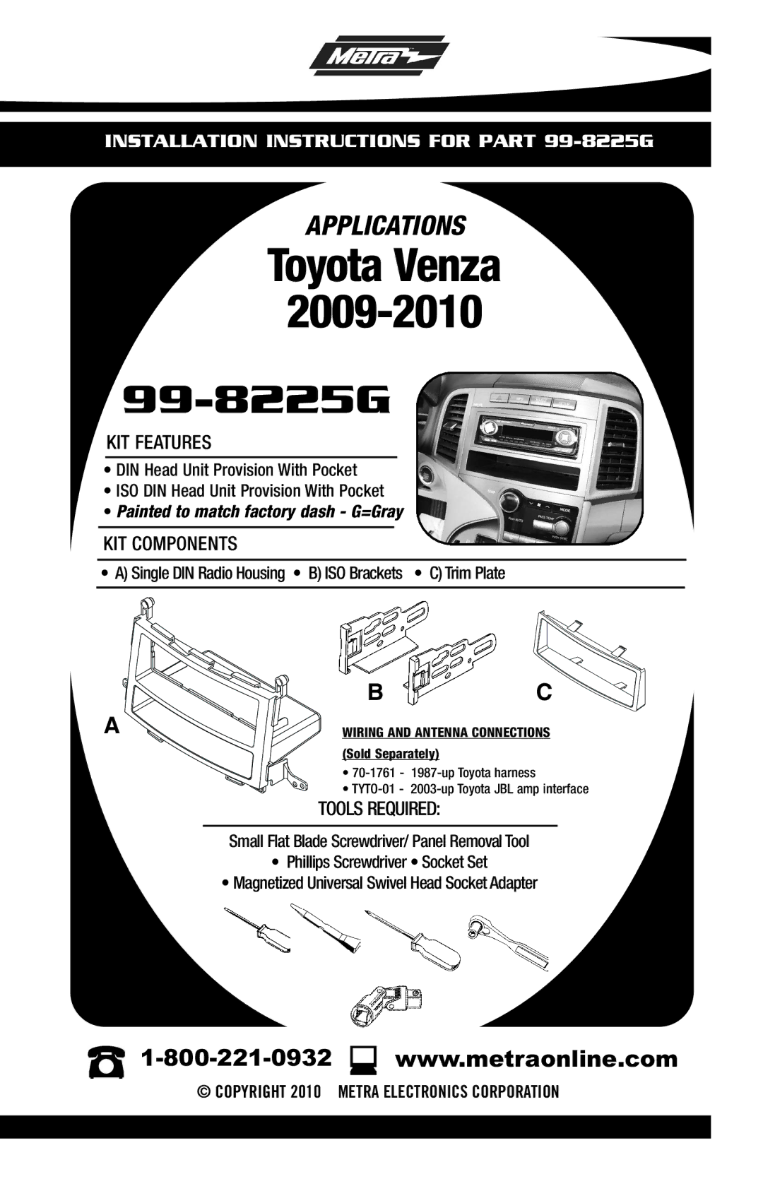 Metra Electronics 99-8225G installation instructions Toyota Venza 2009-2010 