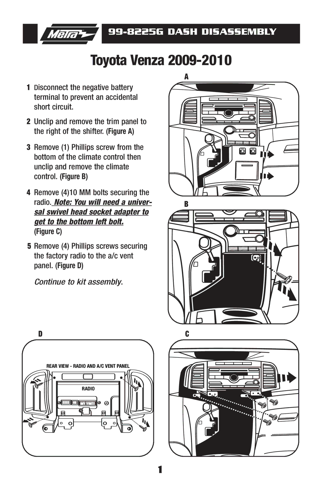 Metra Electronics 99-8225G installation instructions Toyota Venza 