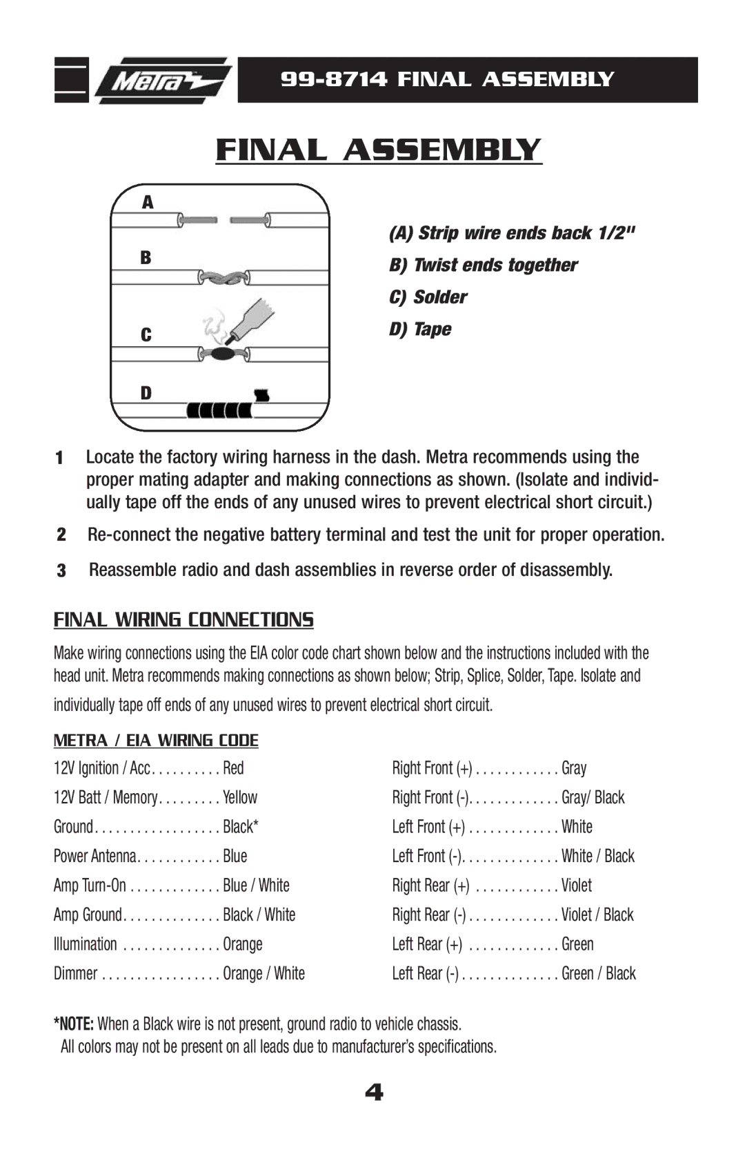 Metra Electronics 99-8714 installation instructions Final Assembly 