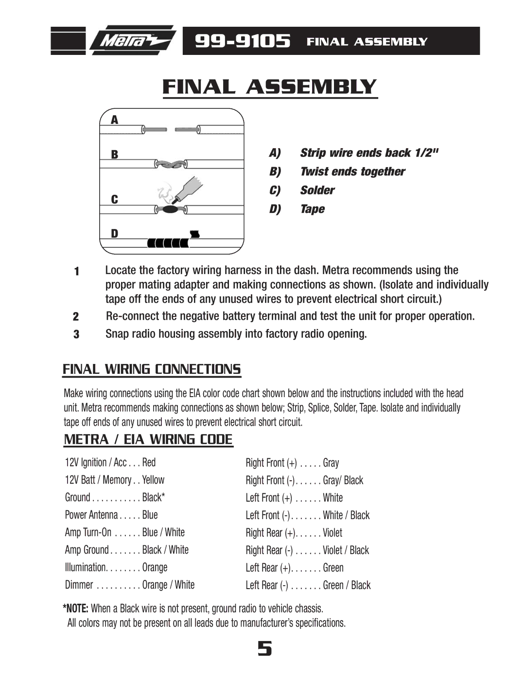 Metra Electronics 99-9105 installation instructions Final Assembly, Tape 