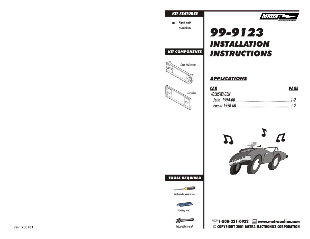 Metra Electronics 99-9123 installation instructions Installation Instructions 