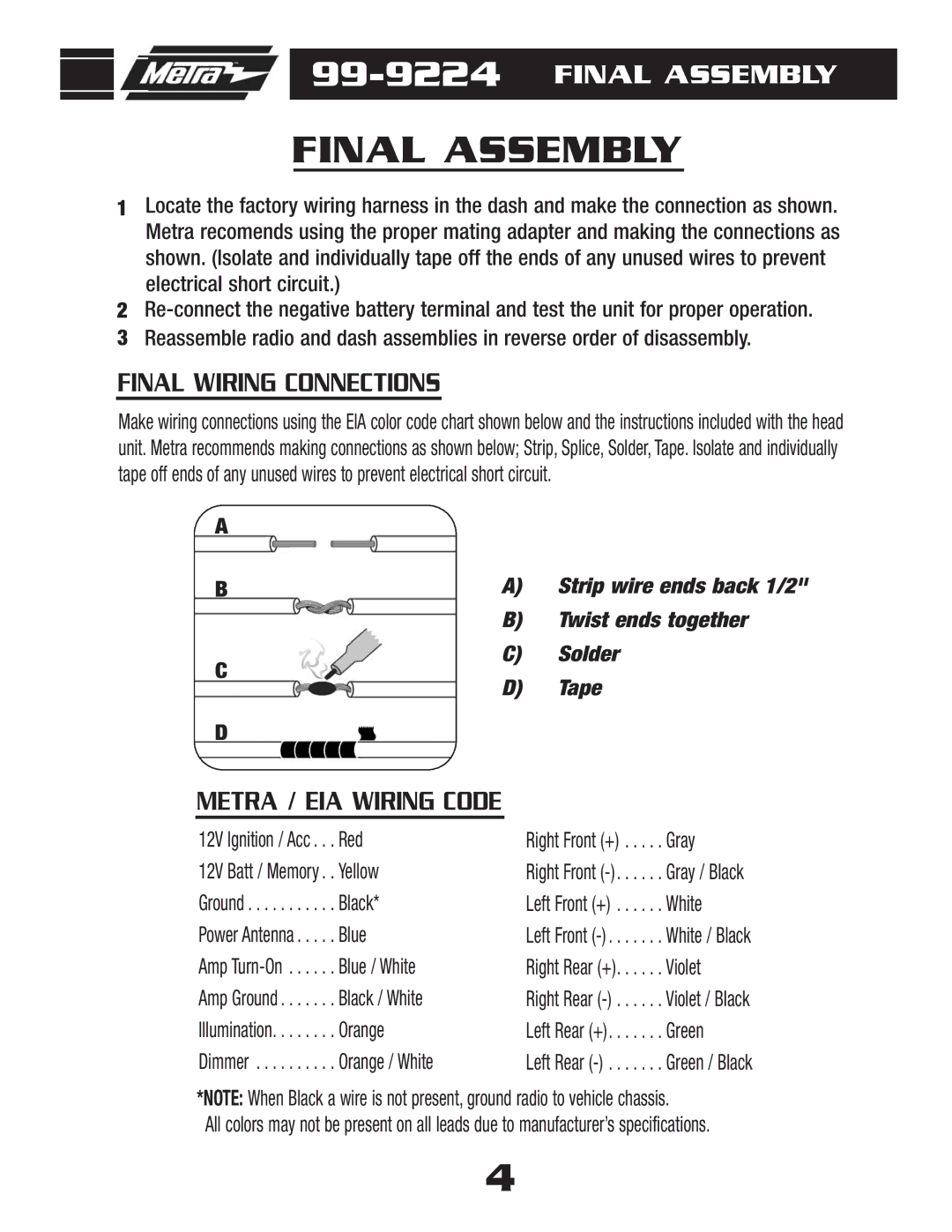 Metra Electronics 99-9224 installation instructions Final Assembly, Final Wiring Connections 