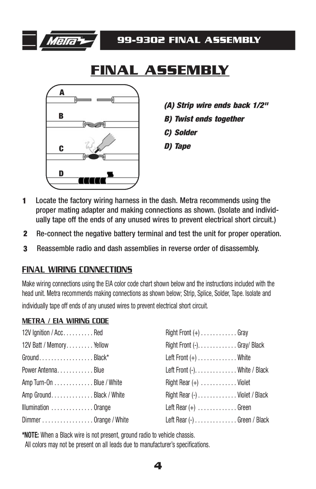 Metra Electronics 99-9302 installation instructions Final Assembly, Final Wiring Connections 