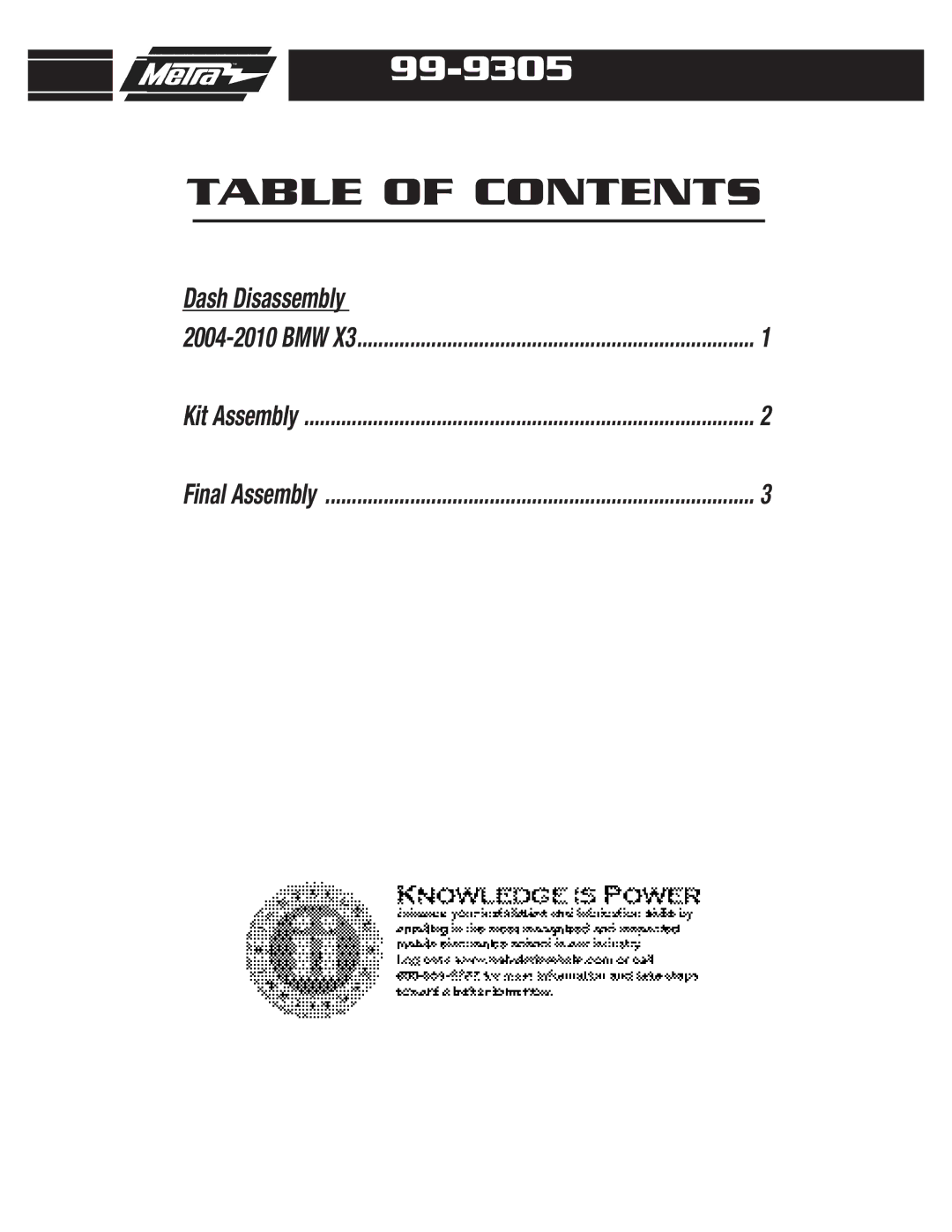 Metra Electronics 99-9305 installation instructions Table of Contents 