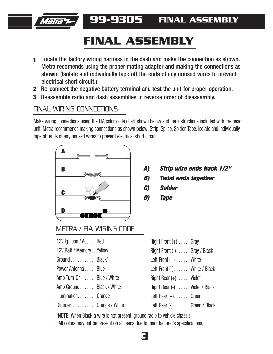 Metra Electronics 99-9305 installation instructions Final Assembly 