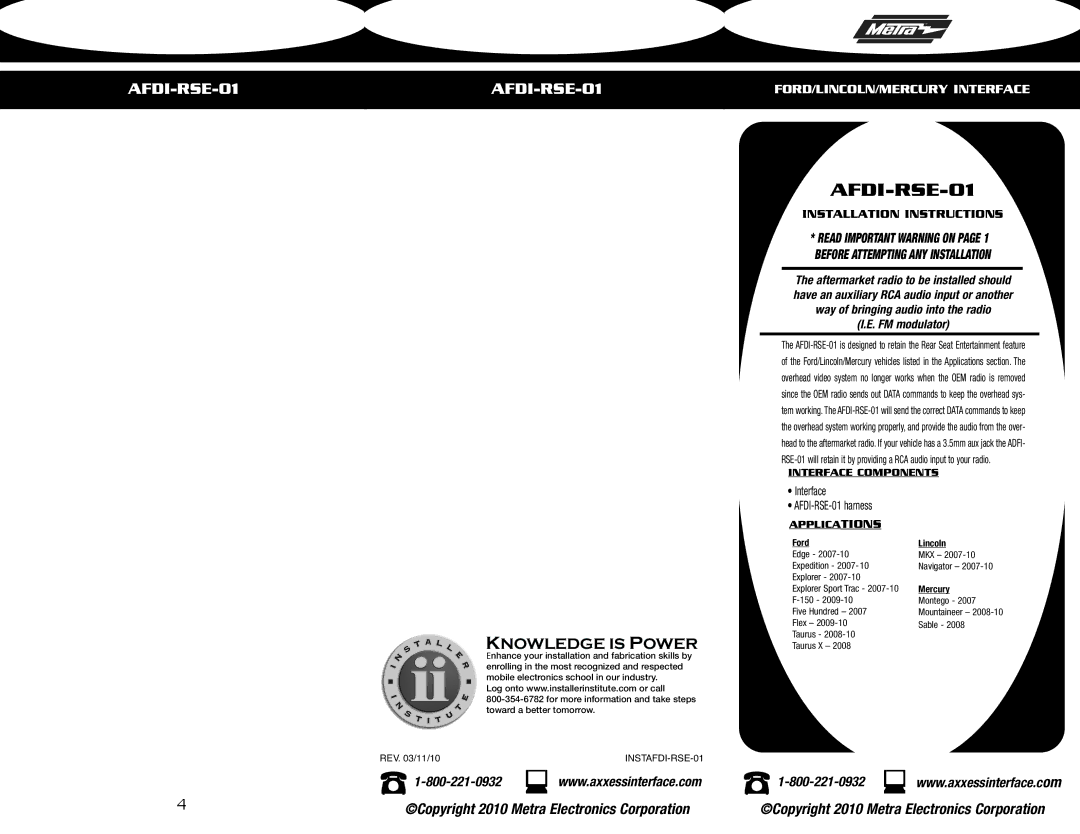 Metra Electronics AFDI-RSE-01 installation instructions 