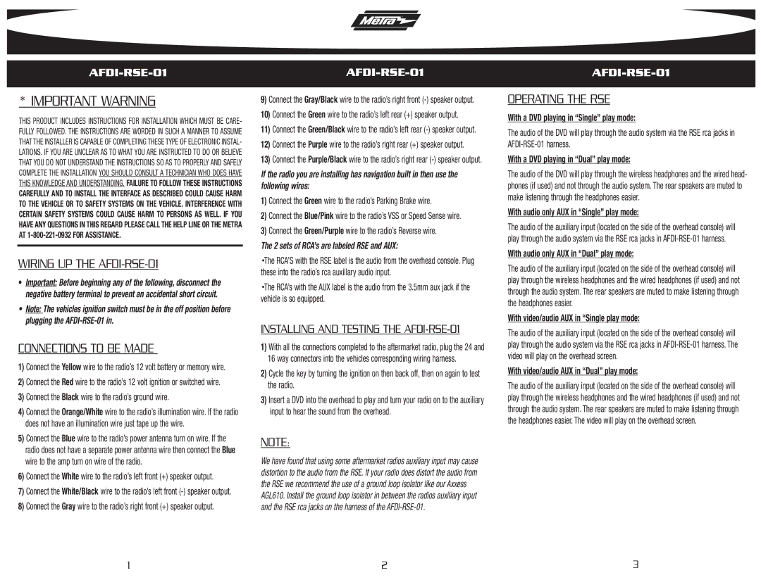 Metra Electronics installation instructions Wiring UP the AFDI-RSE-01, Connections to be Made, Operating the RSE 