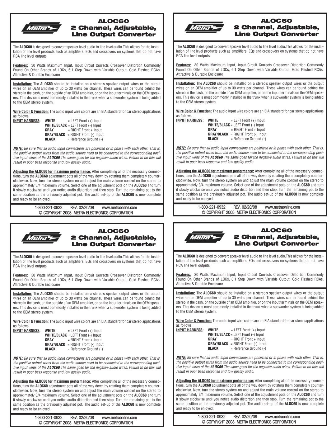Metra Electronics ALOC60 manual Channel, Adjustable Line Output Converter, Input Harness White, Gray, Black 