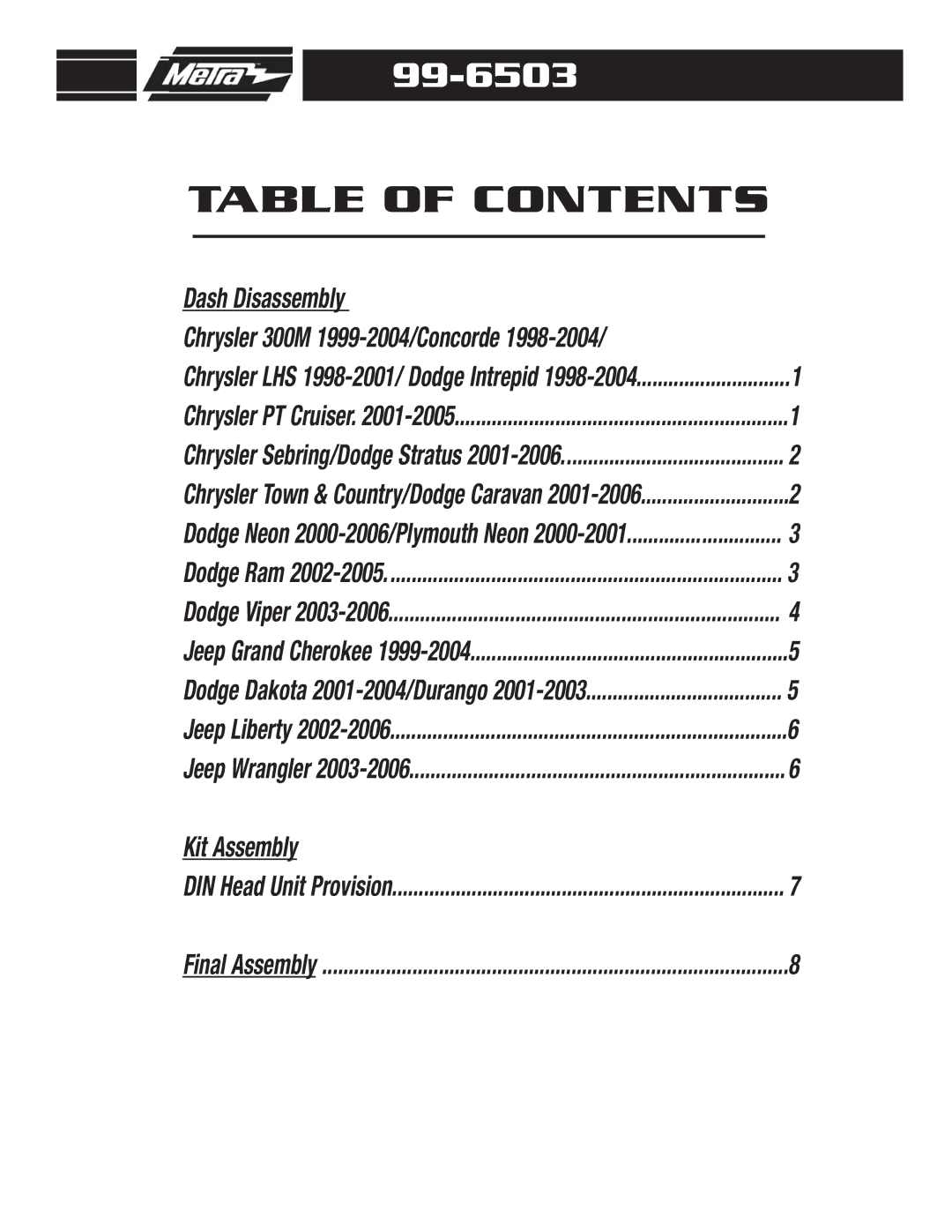 Metra Electronics AT-512CR, AW-512CR installation instructions Table of Contents 