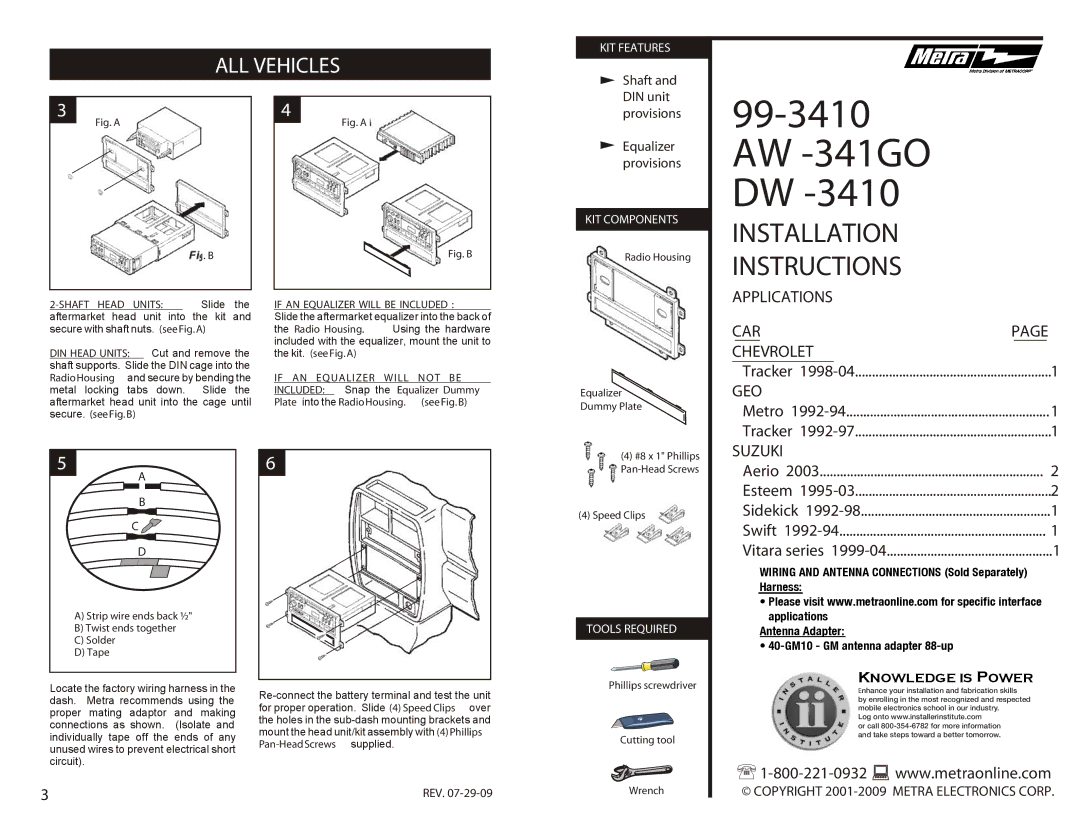 Metra Electronics DW -3410, AW -341GO, 99-3410 installation instructions Installation, Instructions, Shaft Head Units 