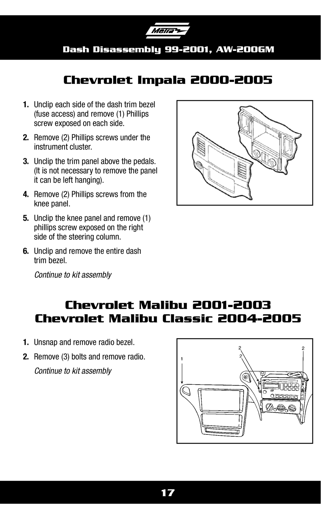 Metra Electronics AW-200GM installation instructions Chevrolet Impala, Chevrolet Malibu Chevrolet Malibu Classic 