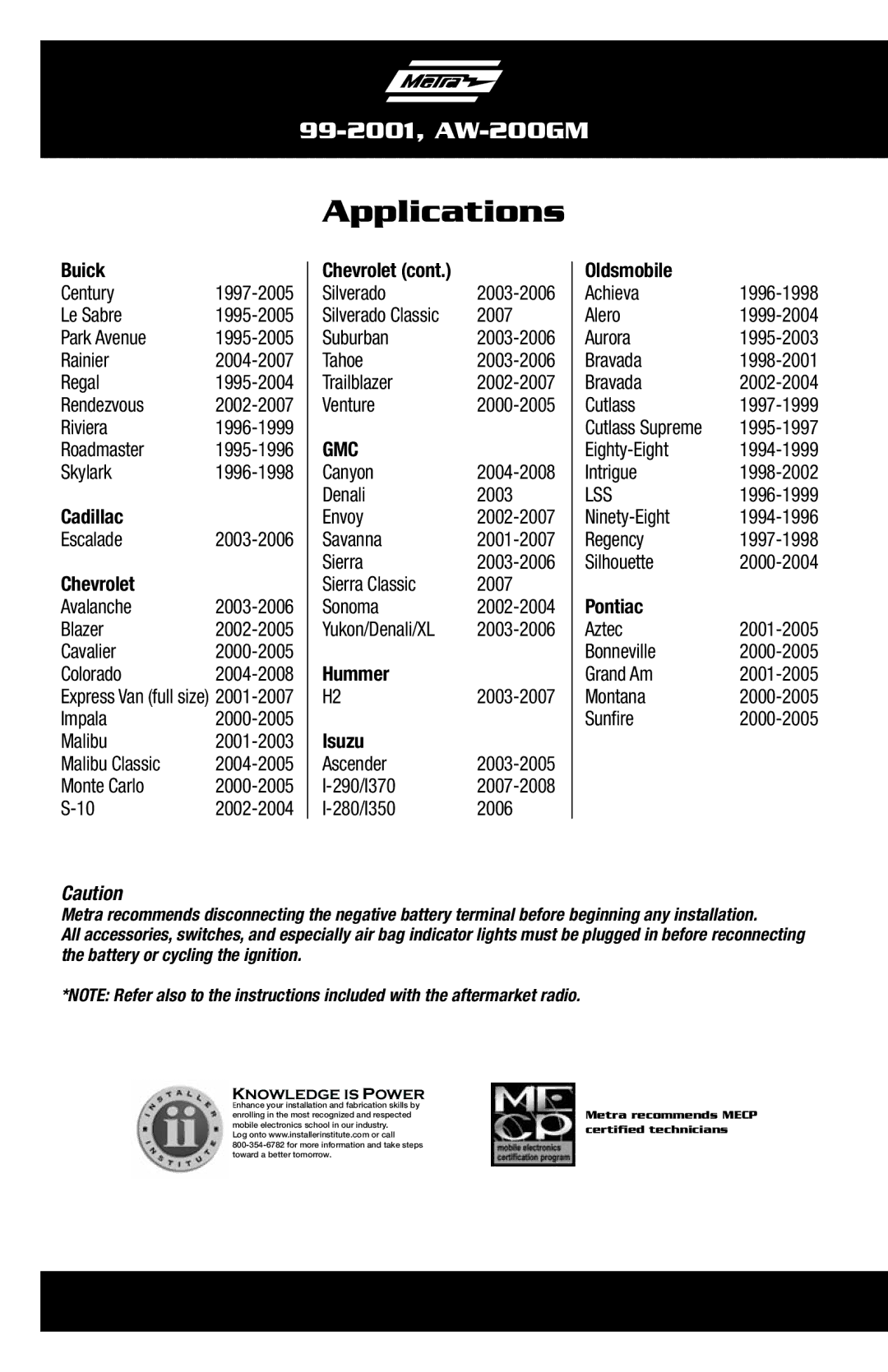 Metra Electronics AW-200GM installation instructions Applications, Buick 