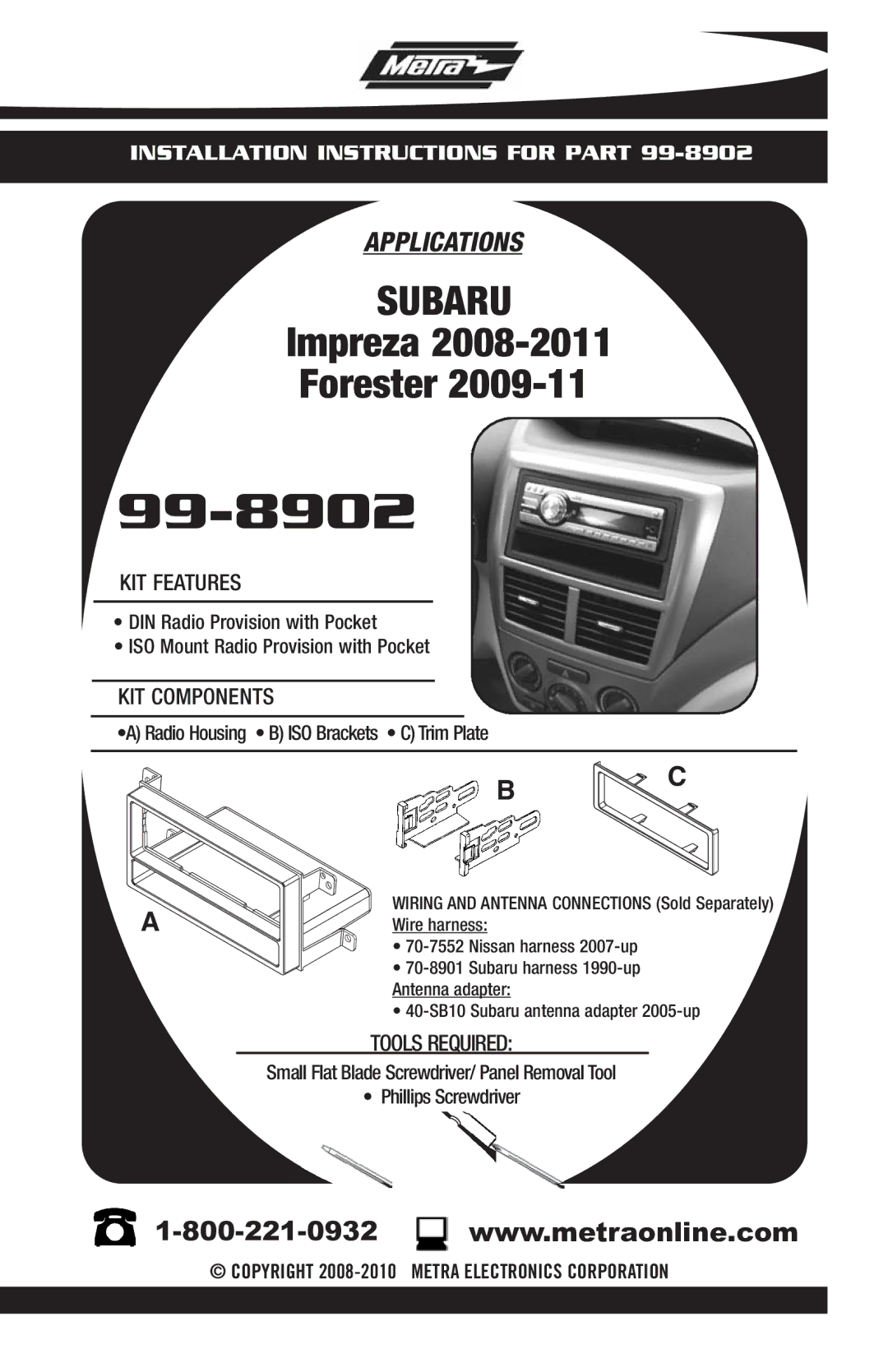 Metra Electronics Car Stereo System installation instructions KIT Features, KIT Components, Tools Required 