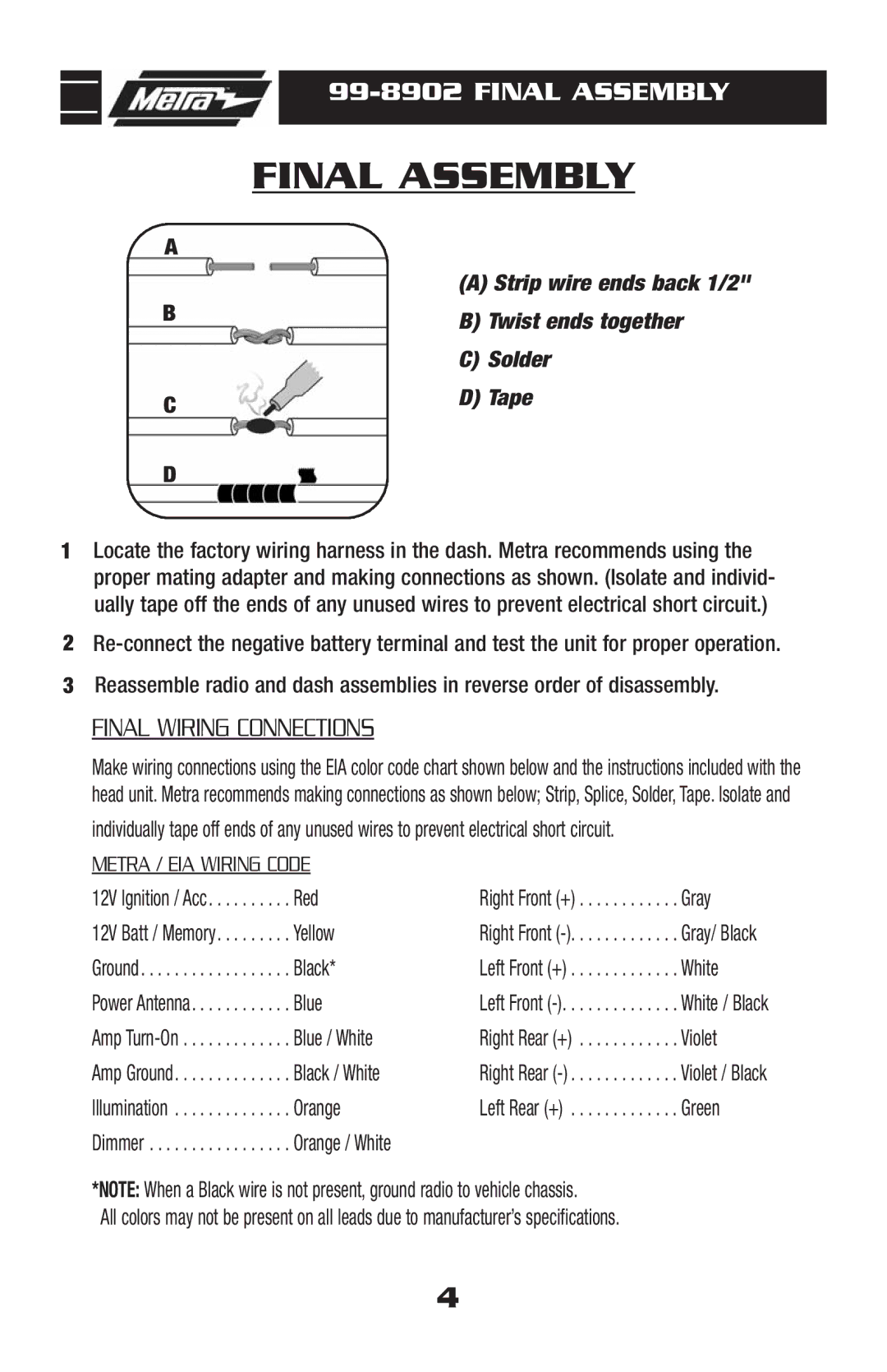 Metra Electronics Car Stereo System installation instructions Final Assembly, Metra / EIA Wiring Code 