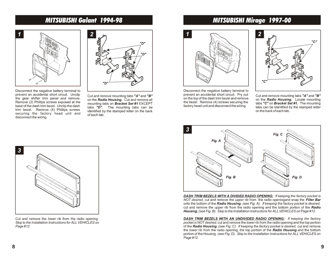 Metra Electronics CK-612MI manual Mitsubishi Galant Mitsubishi Mirage, Fig. D 