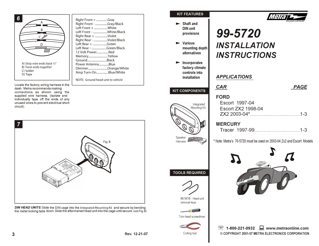 Metra Electronics 99-5720 installation instructions Strip wire ends back ½ Twist ends together Solder Tape, Fig. B 