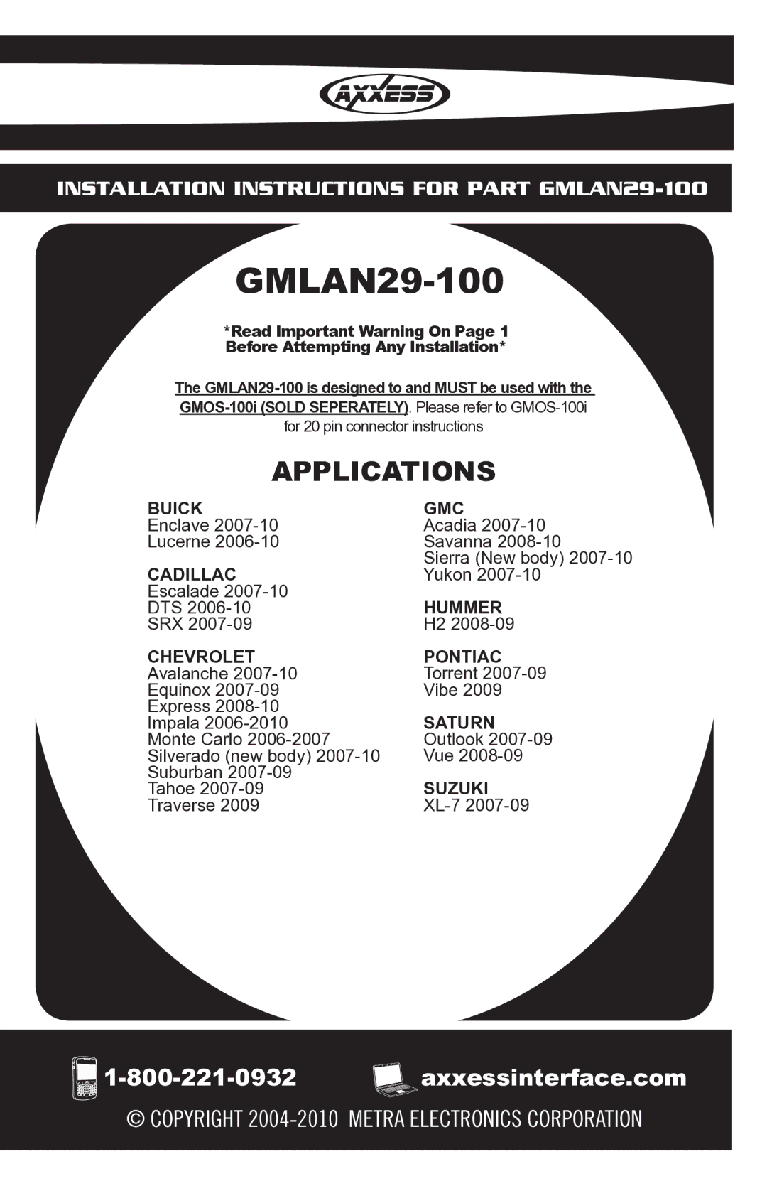 Metra Electronics GMLAN29-100 installation instructions Applications 