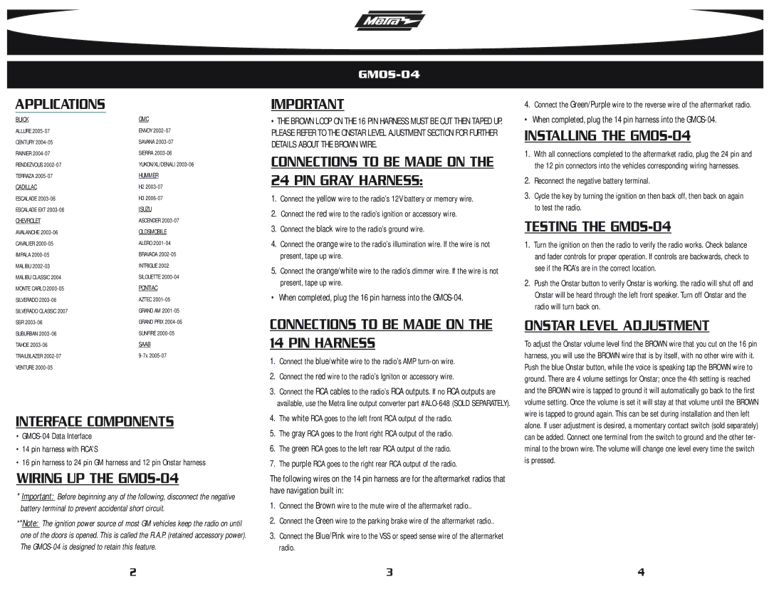 Metra Electronics GMOS-04 installation instructions Applications 