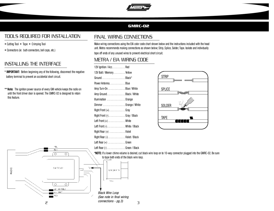 Metra Electronics GMRC-02 Installing the Interface, Final Wiring Connections, Metra / EIA Wiring Code 