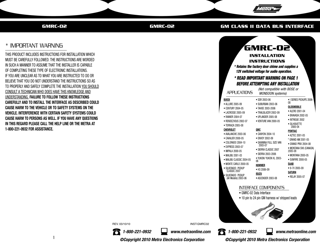 Metra Electronics GMRC-02 installation instructions Important Warning, Gm Class Ii Data Bus Interface, Applications, Buick 