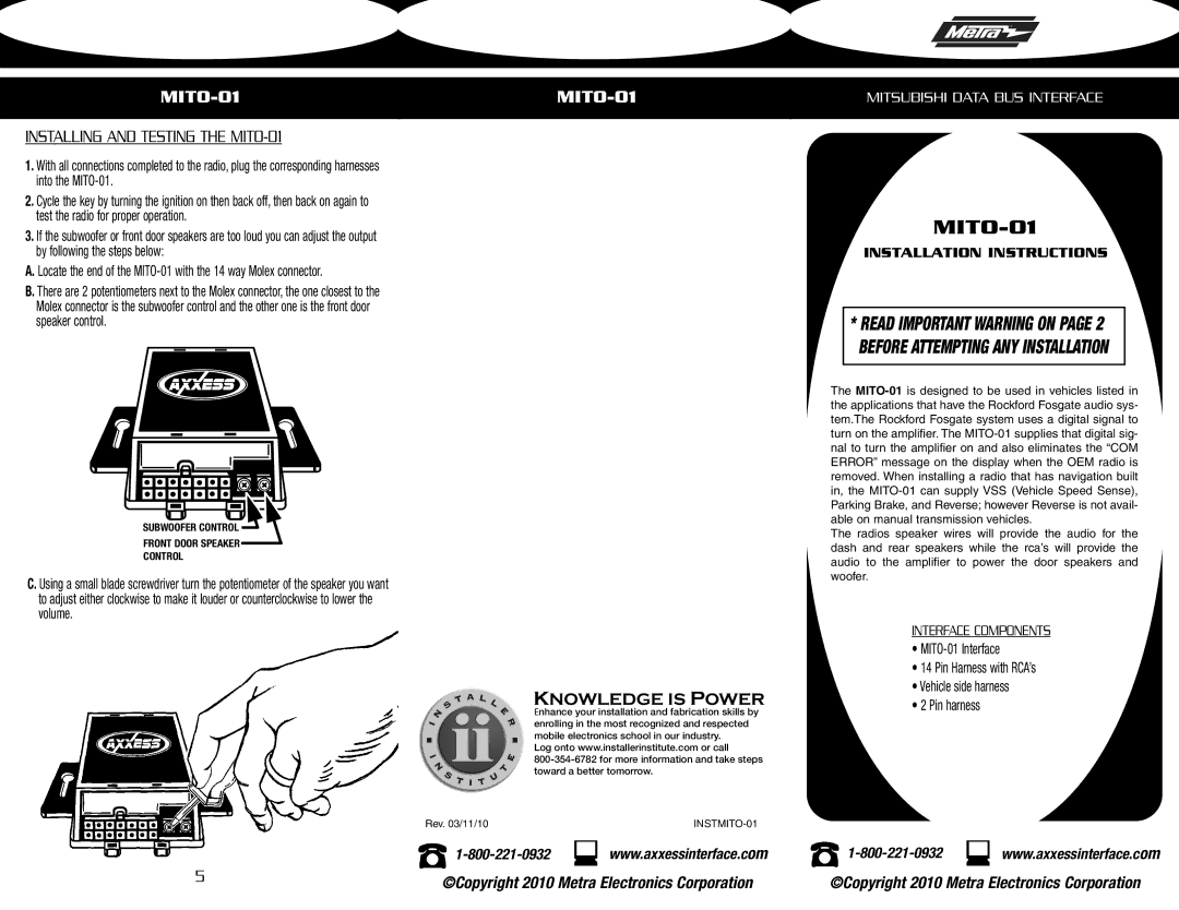 Metra Electronics installation instructions Installing and Testing the MITO-01 